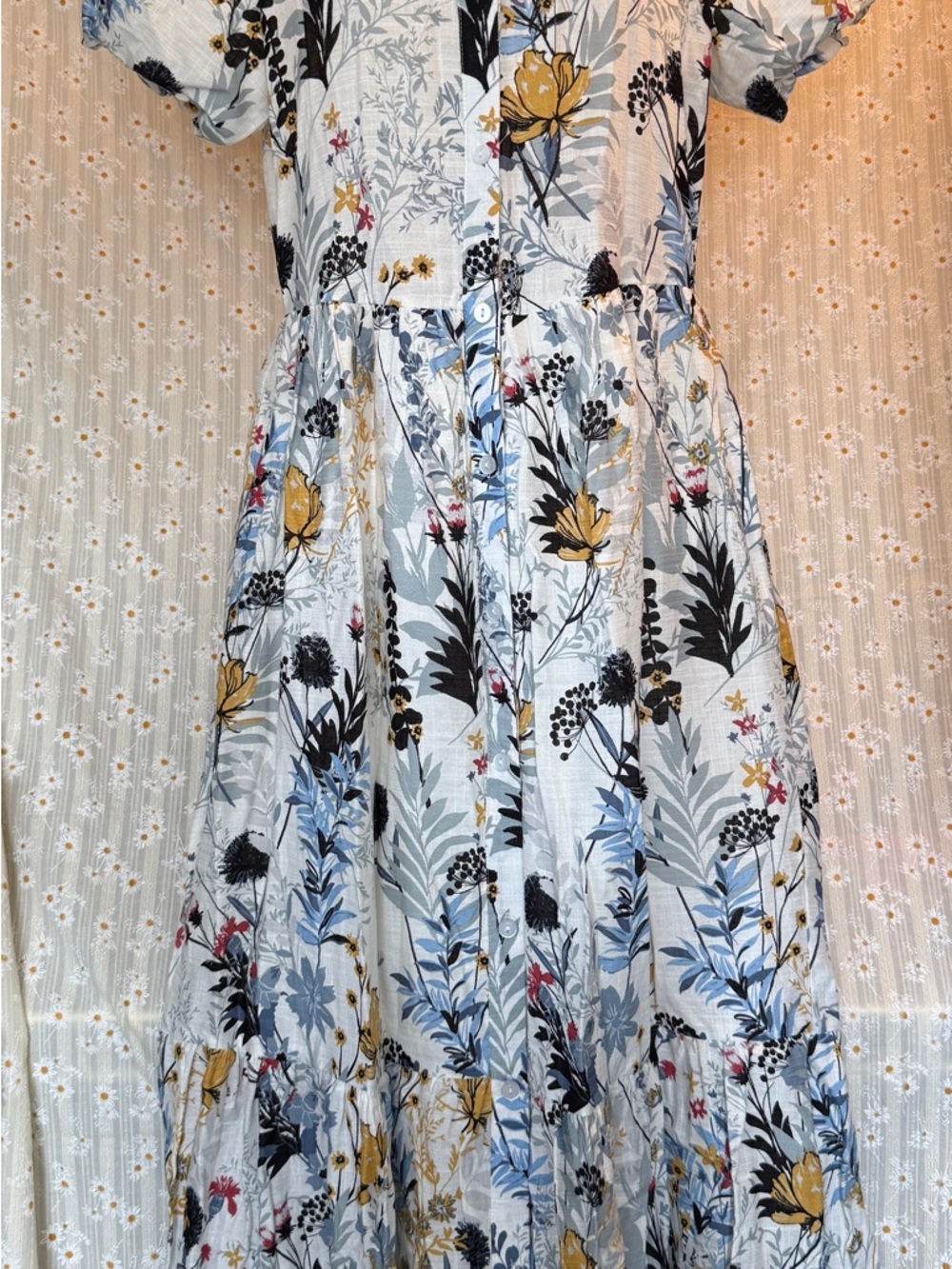 Floral Tiered White Maxi Dress with Yellow Accents